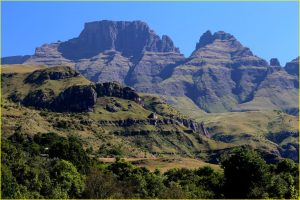 Champaigne Castle area in Drakensberg Mountains seen from Paradise Valley, RSA