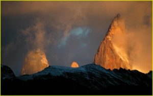 Aguja Saint Exupery, Aguja Rafael and Cerro Poincenot, (left to right) in Mt. Fitzroy Massif, seen at dawn from el Chalten, Argentina