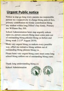 A school notice in Bislama, a creole language based on English used on Vanuatu (Dillon's Bay, Erromango island)