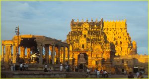 Brihadishvara Temple in Thanjavur - entrance gopurams and Nandi Mandapa (monolith statue of holy bull under a roof)