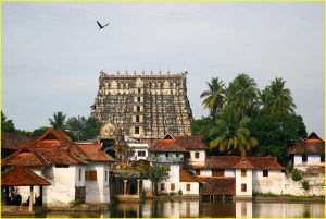 Gopura of the Anantha Padmanabhaswamy Temple in Thiruvananthapuram, Tamil Nadu, overlooking the temple tank