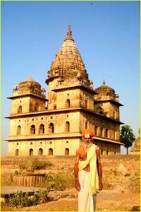 Holy man and cenotaphs of Bundela kings in Orchha, Madhya Pradesh