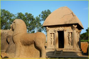 Draupadi Ratha (processional temple chariot) dedicated to Goddess Durga with lions, her mount. Mamallapuram, near Chennai