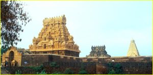 Two entrance gopurams and Vimana of Brihadishvara Temple, Thanjavur, Tamil Nadu