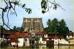 Water tank and gopuram (+) of the Sri Padmanabhaswamy Temple in Trivandrum, Kerala