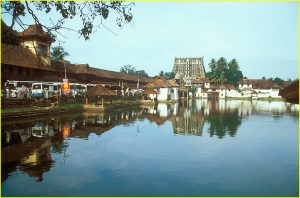 Water tank and gopuram of the Sri Padmanabhaswamy Temple in Trivandrum, Kerala