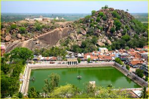 View of the Chandragupta Basti (Temple) at Chandragiru Hill seen from Vindhyagiri Hill, Sravanabelagola, Karnataka