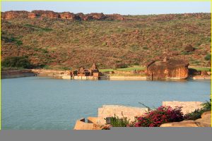 Panorama of Badami lake with Bhutanatha Temple, Karnataka