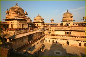 Cupolas and pavilions overlooking courtyard of Jahangiri Mahal, Orchha, Madhya Pradesh