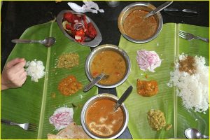 Table set with disposable banana products - typical for Southern India