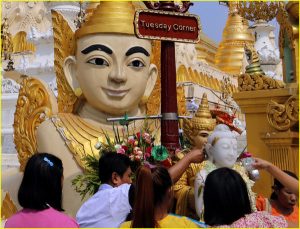 Prayer corner (by pouring water over the Buddha) at Shwedagon Pagoda for those born on Tuesday, Yangon, Myanmar