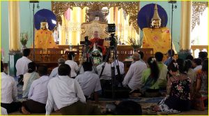 A televised "sermon" at Shwedagon Pagoda, Yangon, Myanmar