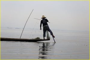 Leg-rowing Intha fishermen at Inle Lake, Myanmar