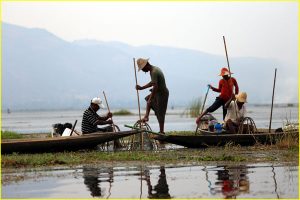 Leg-rowing Intha fishermen at Inle Lake, Myanmar