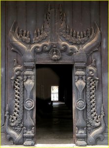 Ornate door carvings in teak monastery of Bagaya Kyaung, Inwa near Mandalay, Myanmar