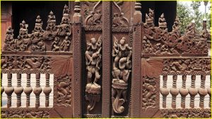 Ornate door carvings in teak monastery of Shwe In Bin Kyaung in Mandalay, Myanmar