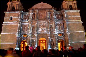 Laser light show on facade of the Cathedral, Zocalo, Oaxaca City