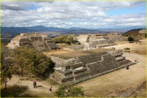 Panorama of Monte Alban, Zapotec capitol city on a hilltop overlooking Central Valley