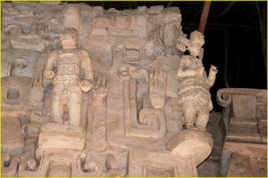 Stucco figures on the main pyramid of Ek Balam with strikingly Buddhist features