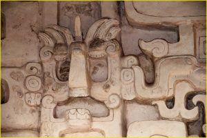 Stucco reliefs on the main pyramid of Ek Balam
