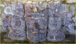 Masks from Templo de los Mascarones in Edzna, with crossed eyes and dental mutilation associated with Maya aristocracy