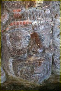 Masks from Templo de los Mascarones in Edzna, with crossed eyes and dental mutilation associated with Maya aristocracy