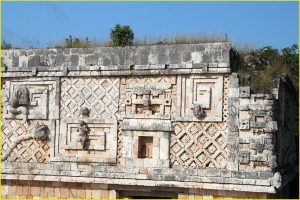 Decorative details on the Western facade of the Nuns' Quadrangle, Uxmal