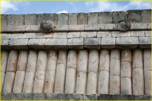 Turtles and frieze of half-columns on the cornice of Casa de las Tortugas, Uxmal