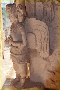 Stucco figures on the main pyramid of Ek Balam with strikingly Buddhist features